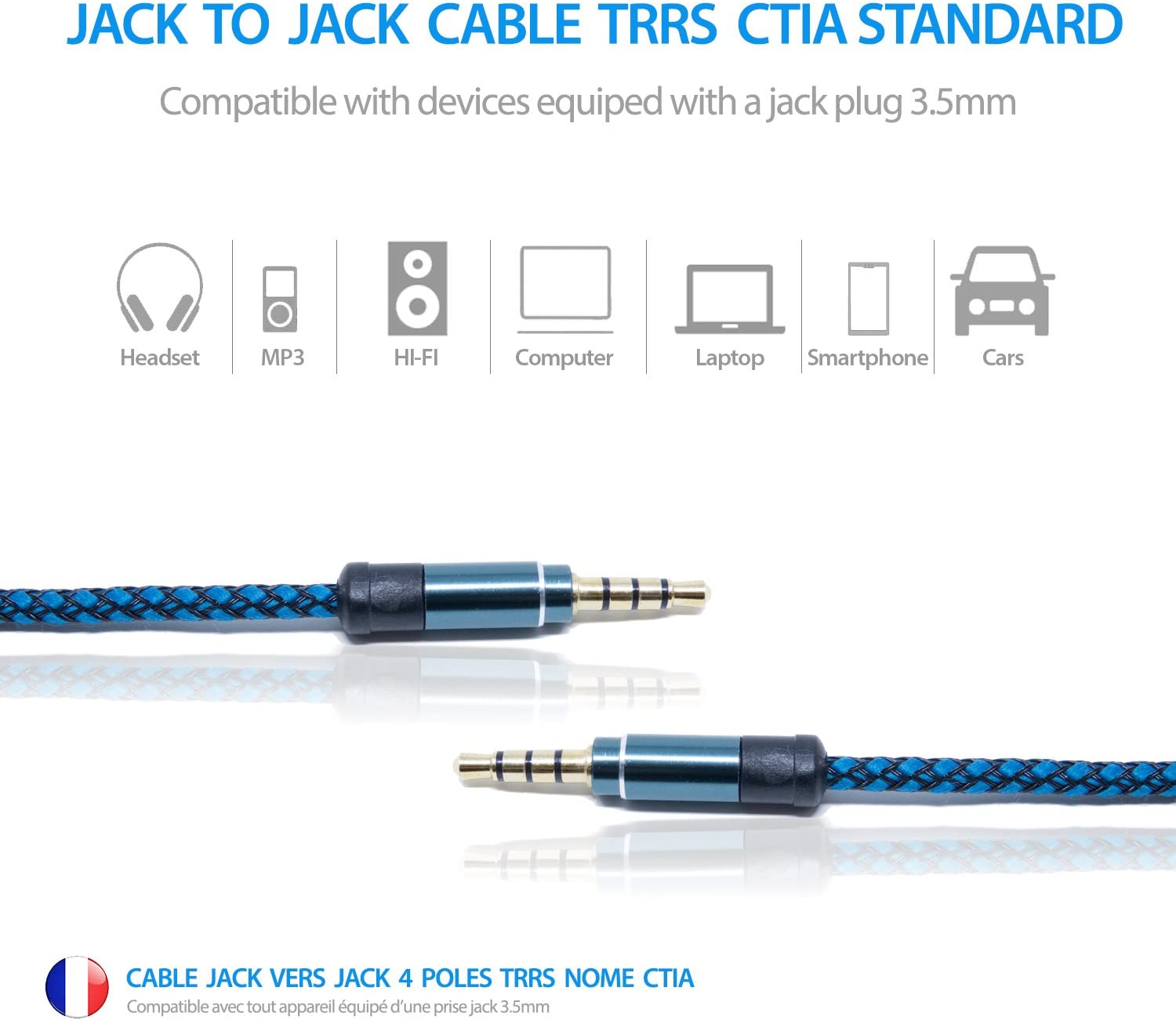 Prise jack stéréo standard de 3,5 mm à cordon de prise jack stéréo de 3