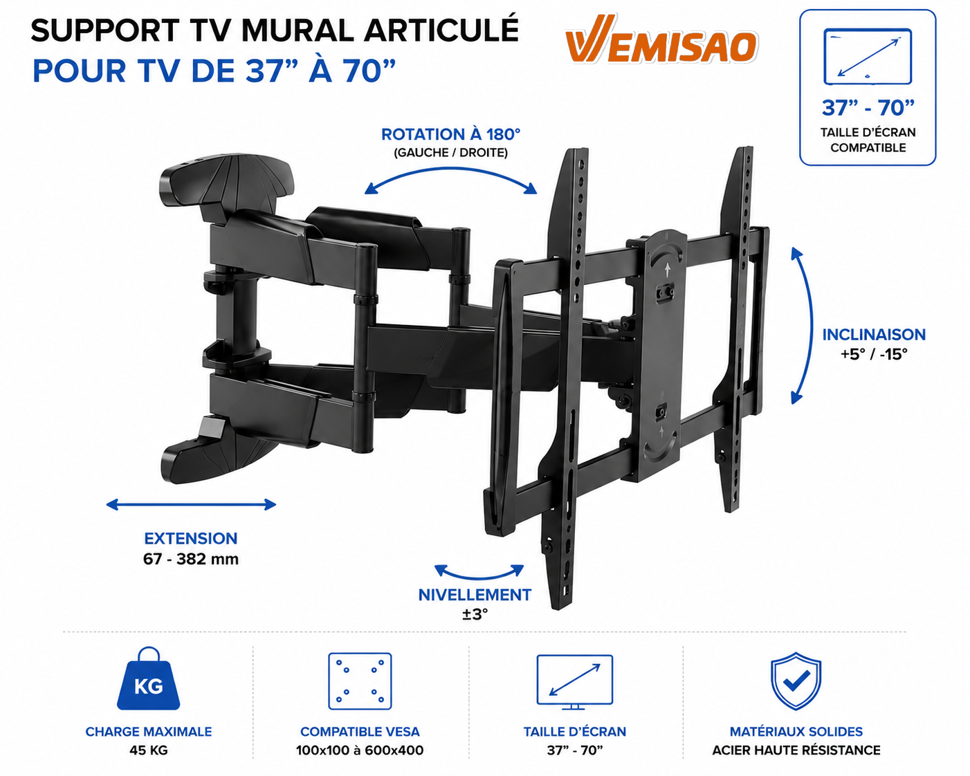 Swivel LED/Curved TV Wall Mount SH640P de 37" à 70"