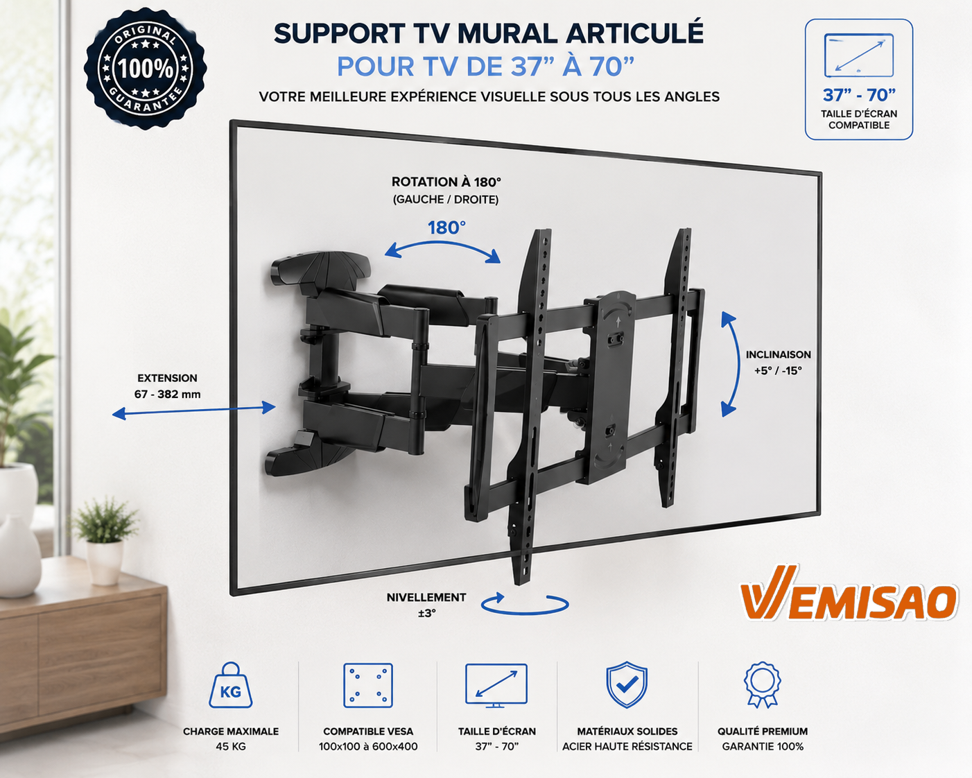 Swivel LED/Curved TV Wall Mount SH640P de 37" à 70" – Image 2