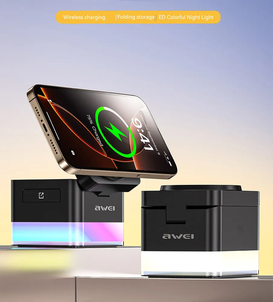 Chargeurs et câbles Chargeur sans fil AWEI W25 3 en 1, lampe de nuit RGB, allumage/extinction tactile, fixation magnétique, sortie sans fil 2,5 W pour montre connectée, noir | W25 – Image 3