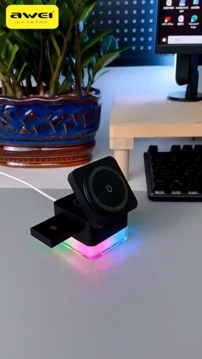 Chargeurs et câbles Chargeur sans fil AWEI W25 3 en 1, lampe de nuit RGB, allumage/extinction tactile, fixation magnétique, sortie sans fil 2,5 W pour montre connectée, noir | W25 – Image 4