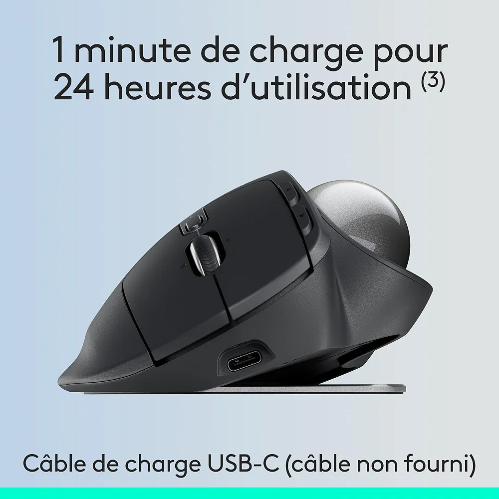 Logitech MX Ergo S souris trackball sans fil avancée, souris ergonomique sans fil rechargeable USB-C avec Bluetooth et dongle chiffré, 6 boutons programmables – Image 6