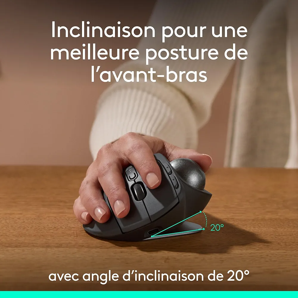 Logitech MX Ergo S souris trackball sans fil avancée, souris ergonomique sans fil rechargeable USB-C avec Bluetooth et dongle chiffré, 6 boutons programmables – Image 2