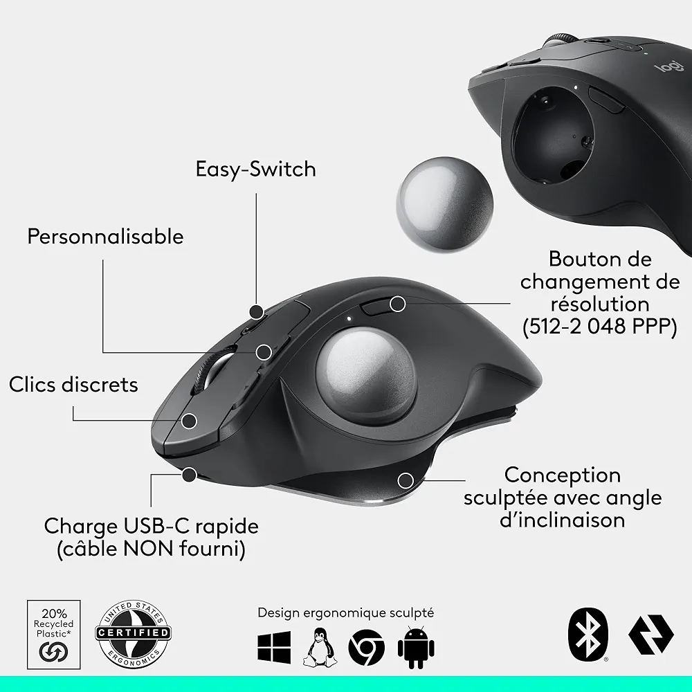 Logitech MX Ergo S souris trackball sans fil avancée, souris ergonomique sans fil rechargeable USB-C avec Bluetooth et dongle chiffré, 6 boutons programmables – Image 4
