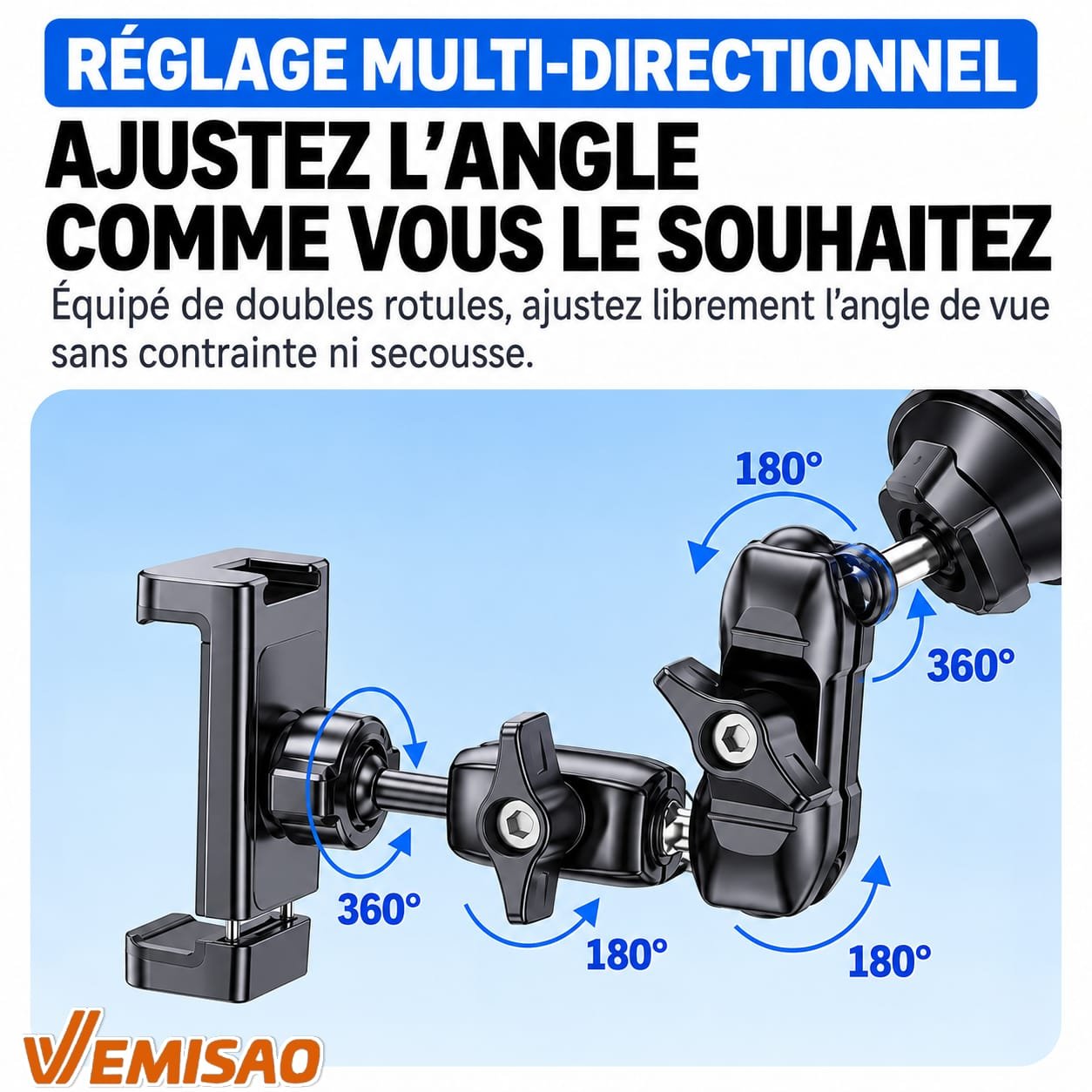 Support Téléphone Voiture Renforcé Multi-Articulé 360° à Ventouse Haute Adhérence – Image 2