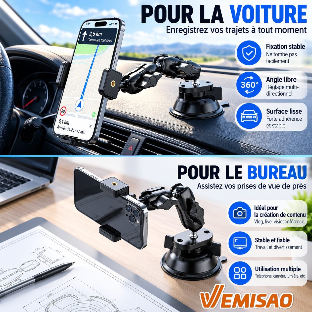 Support Téléphone Voiture Renforcé Multi-Articulé 360° à Ventouse Haute Adhérence – Image 24