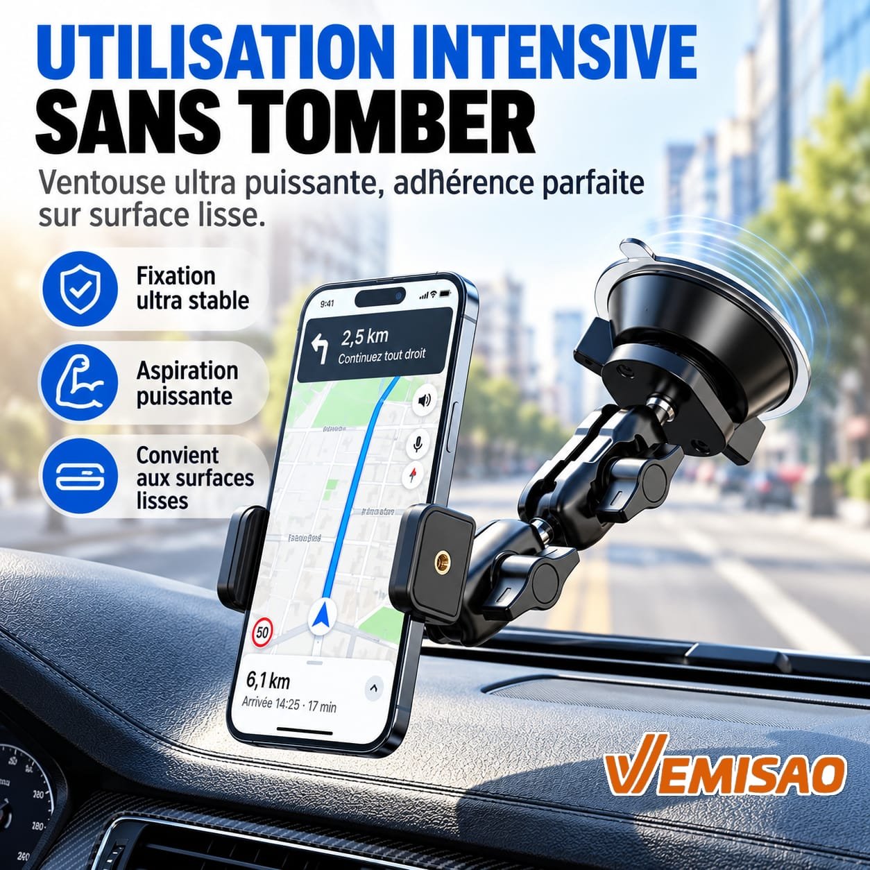 Support Téléphone Voiture Renforcé Multi-Articulé 360° à Ventouse Haute Adhérence – Image 7