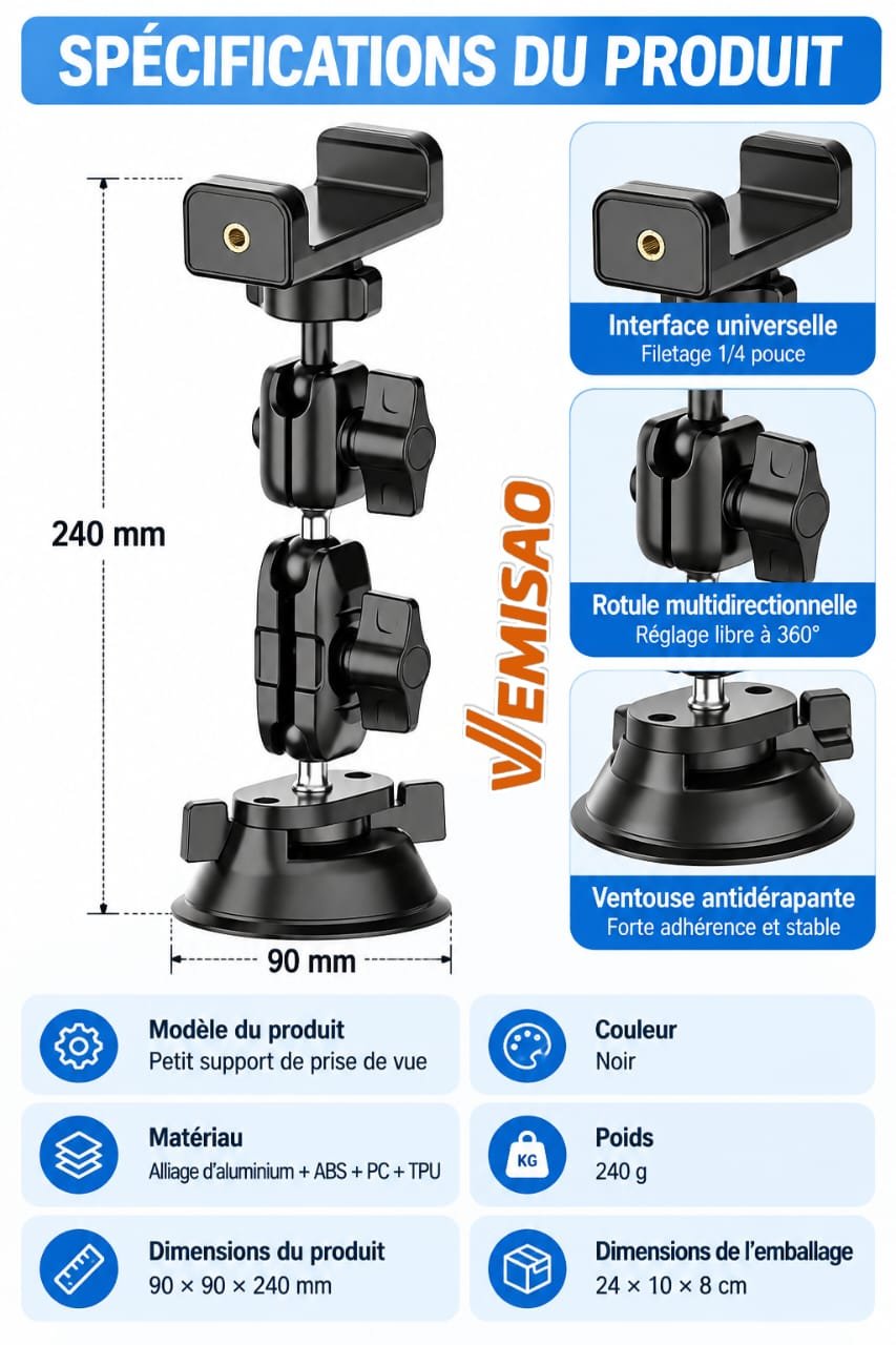 Support Téléphone Voiture Renforcé Multi-Articulé 360° à Ventouse Haute Adhérence – Image 8