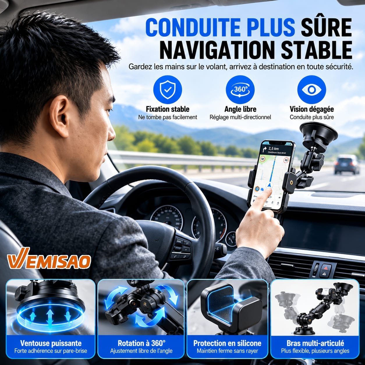 Support Téléphone Voiture Renforcé Multi-Articulé 360° à Ventouse Haute Adhérence – Image 9
