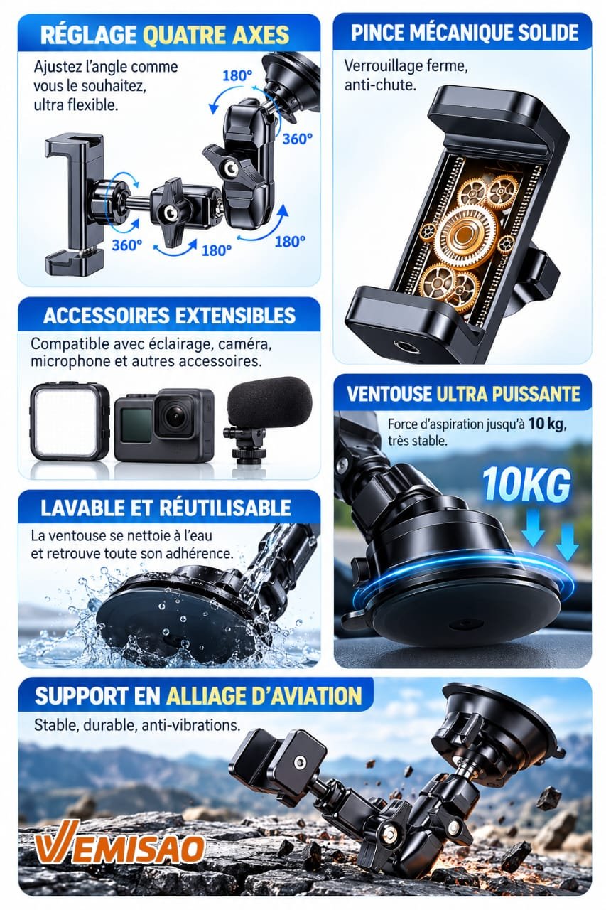 Support Téléphone Voiture Renforcé Multi-Articulé 360° à Ventouse Haute Adhérence – Image 13