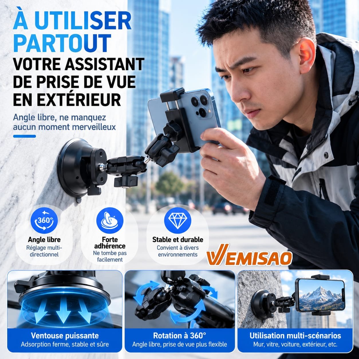 Support Téléphone Voiture Renforcé Multi-Articulé 360° à Ventouse Haute Adhérence – Image 14