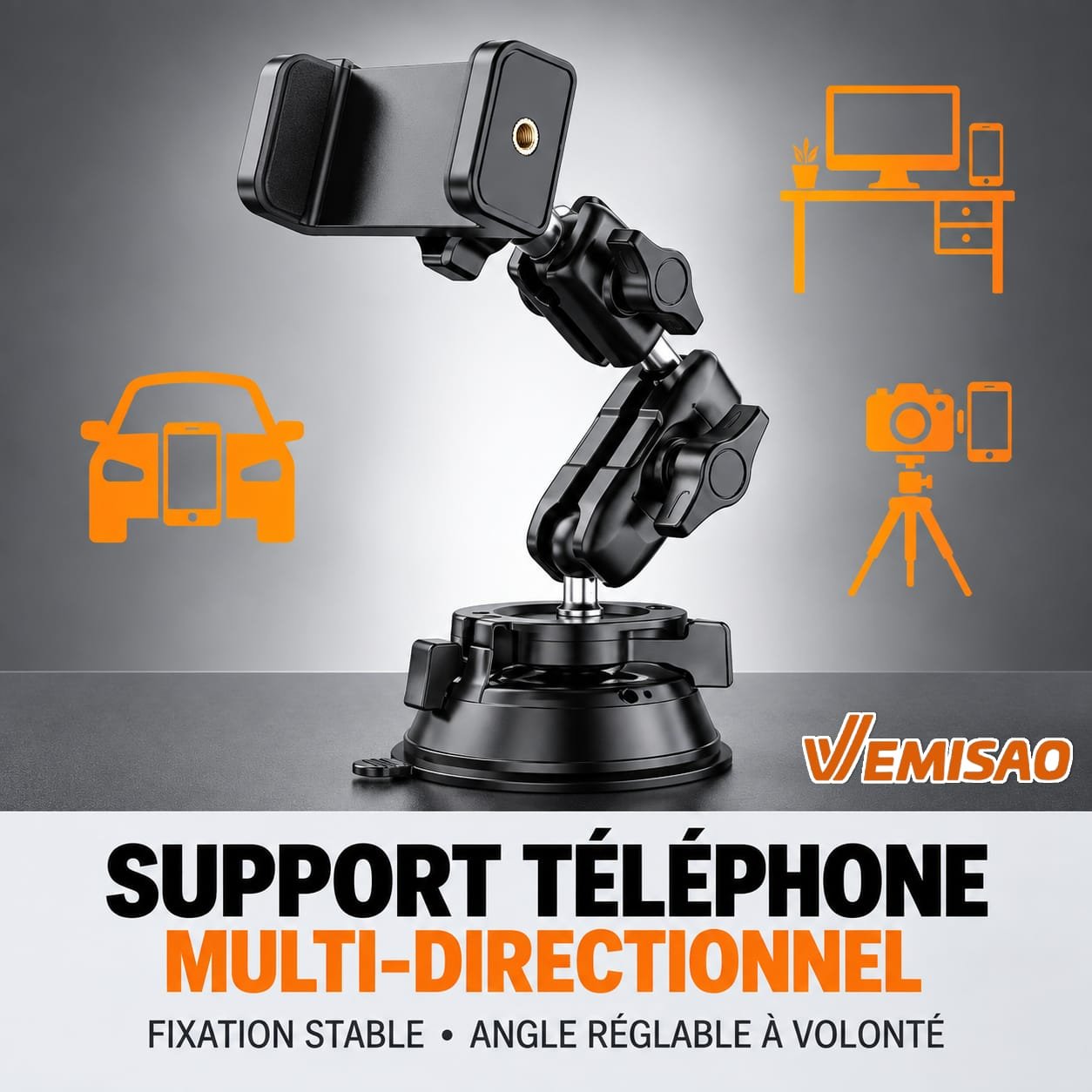 Support Téléphone Voiture Renforcé Multi-Articulé 360° à Ventouse Haute Adhérence – Image 17