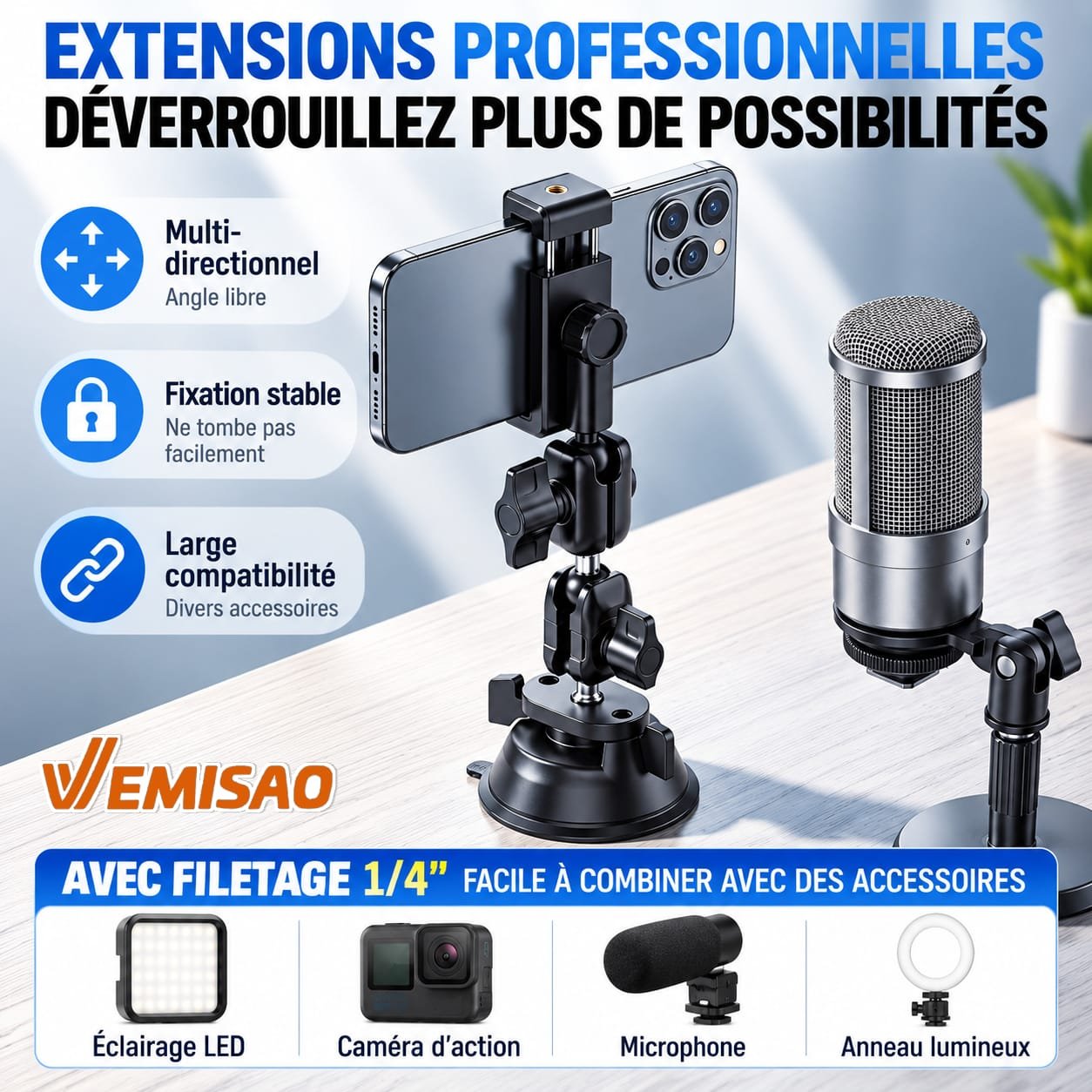 Support Téléphone Voiture Renforcé Multi-Articulé 360° à Ventouse Haute Adhérence – Image 18