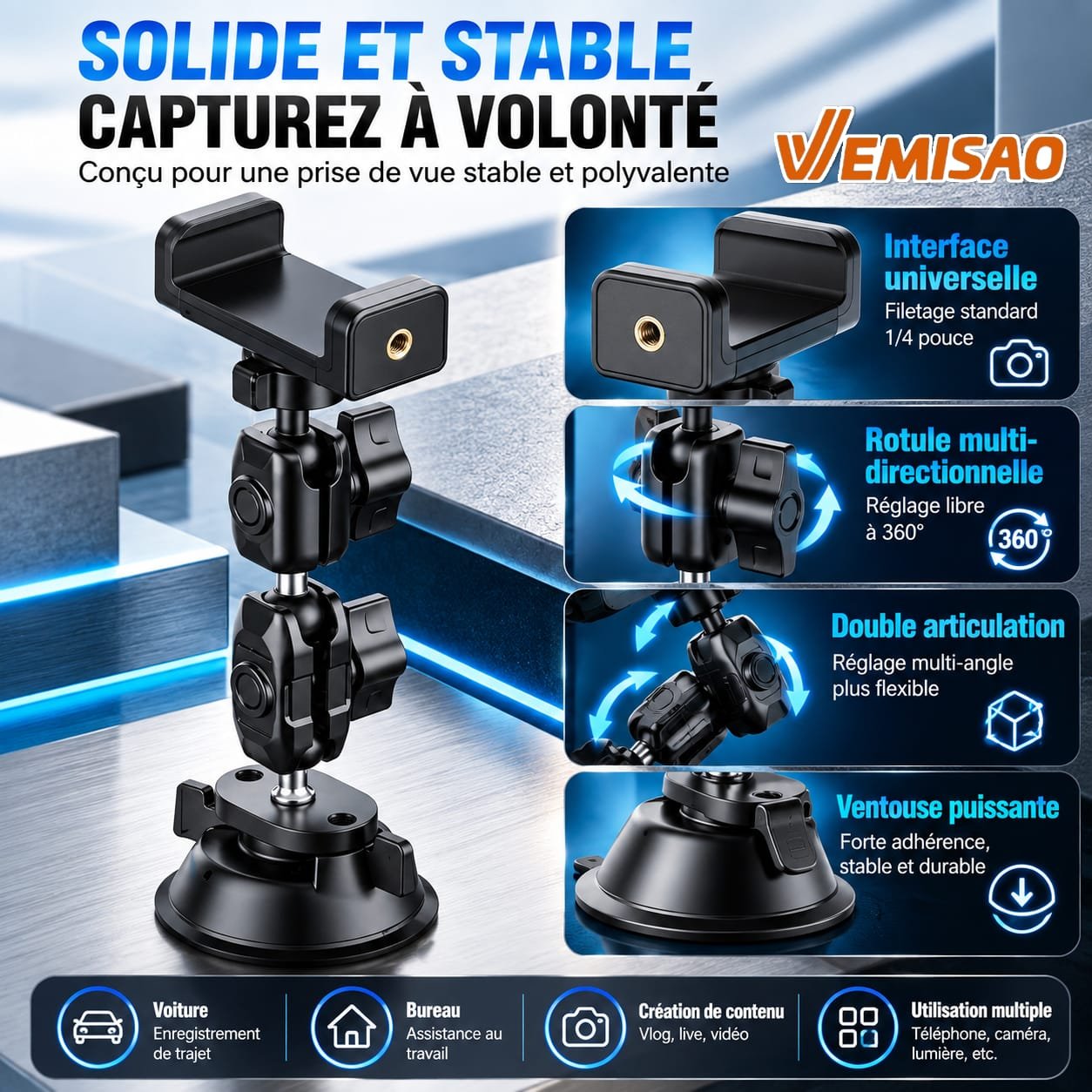 Support Téléphone Voiture Renforcé Multi-Articulé 360° à Ventouse Haute Adhérence – Image 19