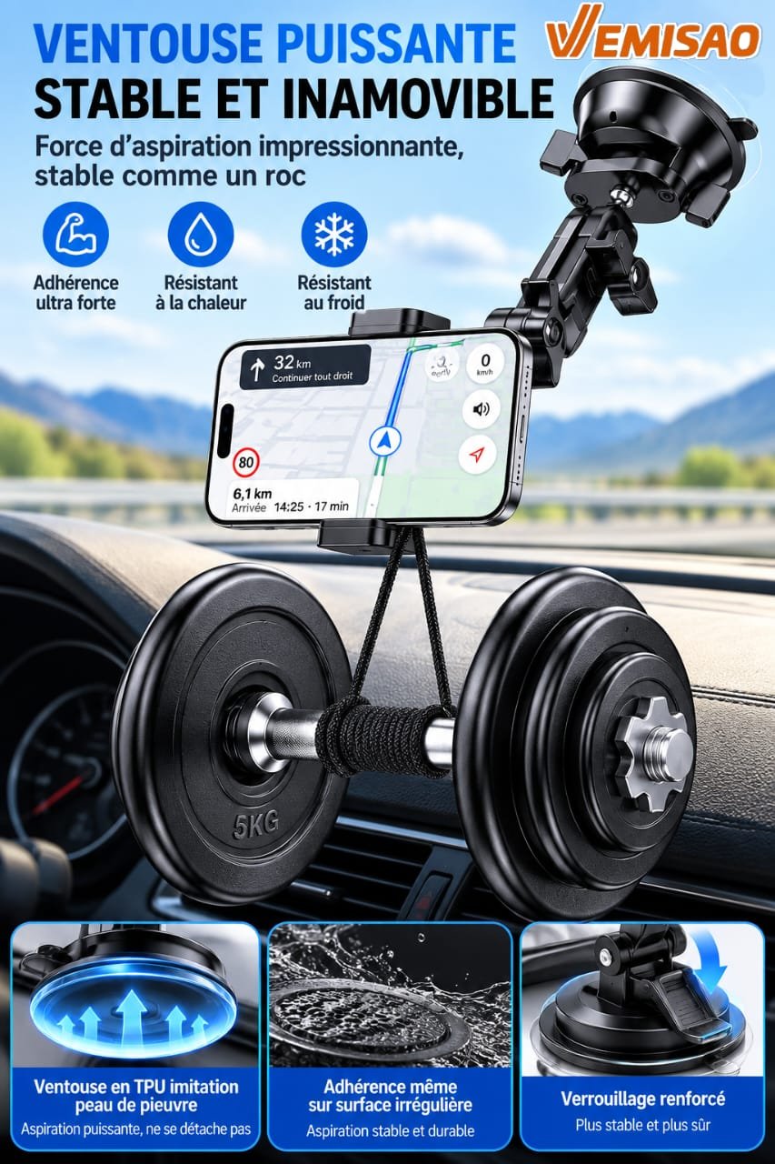 Support Téléphone Voiture Renforcé Multi-Articulé 360° à Ventouse Haute Adhérence – Image 21