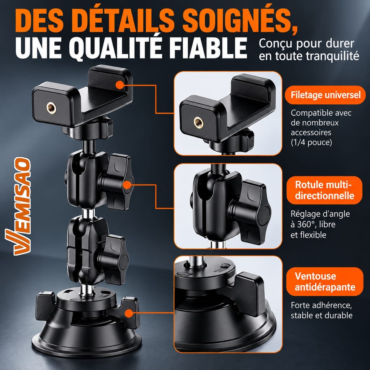Support Téléphone Voiture Renforcé Multi-Articulé 360° à Ventouse Haute Adhérence – Image 22
