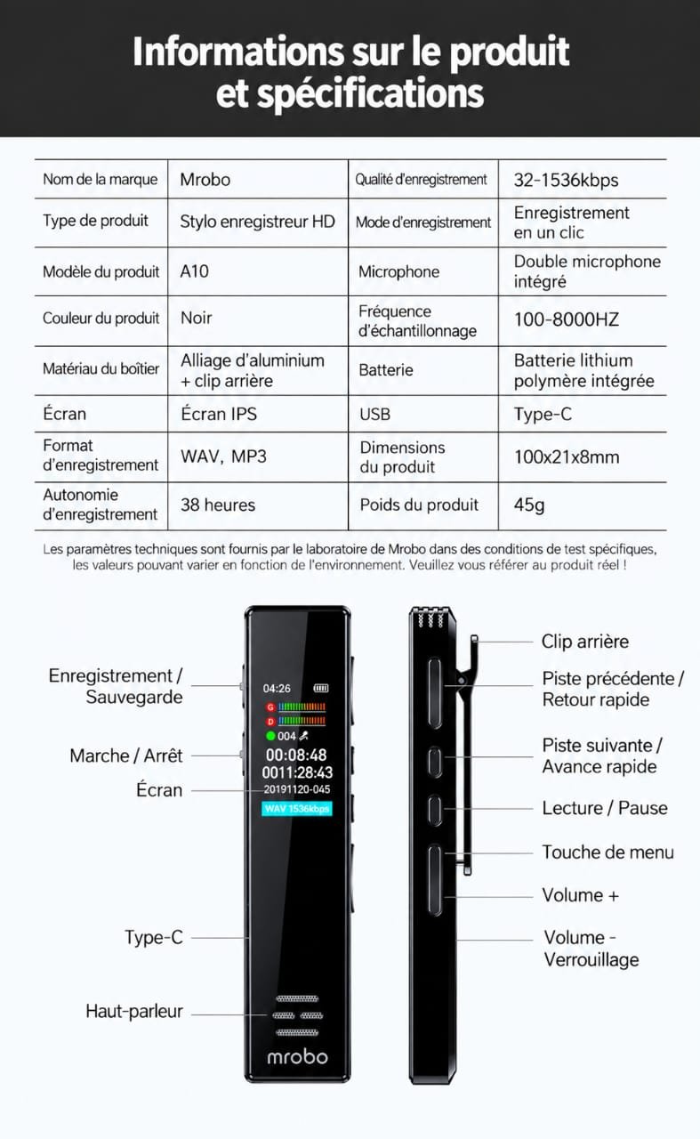 Enregistreur Vocal Numérique Mrobo A10 – Réduction de Bruit, Écran IPS & MP3 – Image 10